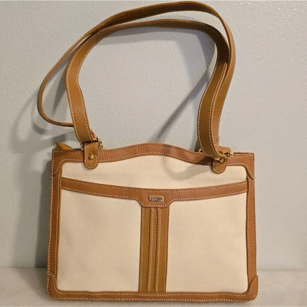 Phillippe Cream Canvas Tan Leather Shoulder Bag Vintage 80s
